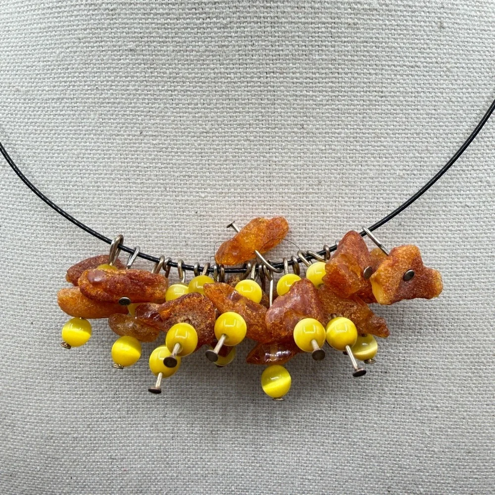 Amber Chip Bead Cluster Necklace Bohemian Statement Artisan Festival Gift